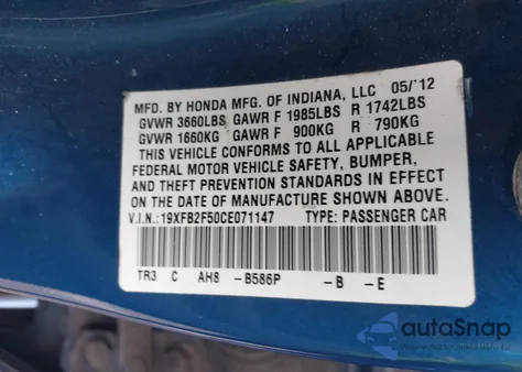 2012 Honda Civic Lx z USA, uszkodzony, nr VIN 19XFB2F50CE071147